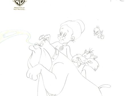 Sylvester and Tweety Mysteries Original Production Drawing: Tweety, Granny, Sylvester, and Hector on Sale