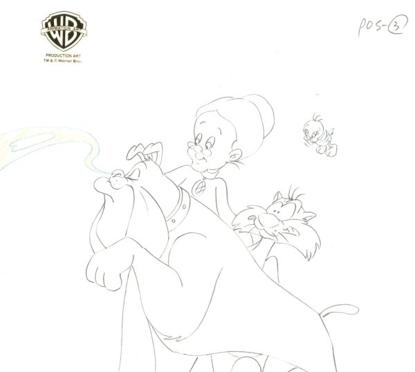 Sylvester and Tweety Mysteries Original Production Drawing: Tweety, Granny, Sylvester, and Hector on Sale